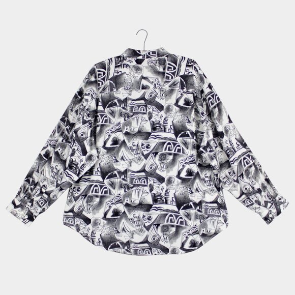 Vintage 90s Aggio Abstract Monochrome Sketch Print Button Down Shirt Size XL - Picture 7 of 10